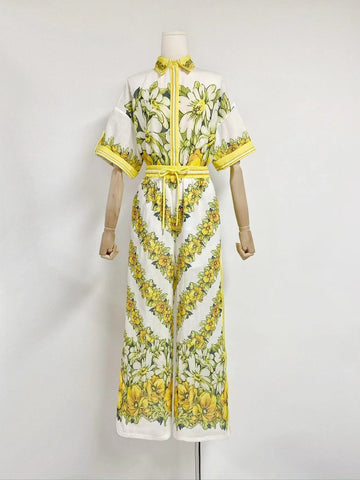 New Fashion Positioning Print Collar Short Sleeve Top With Casual Trousers Holiday Set